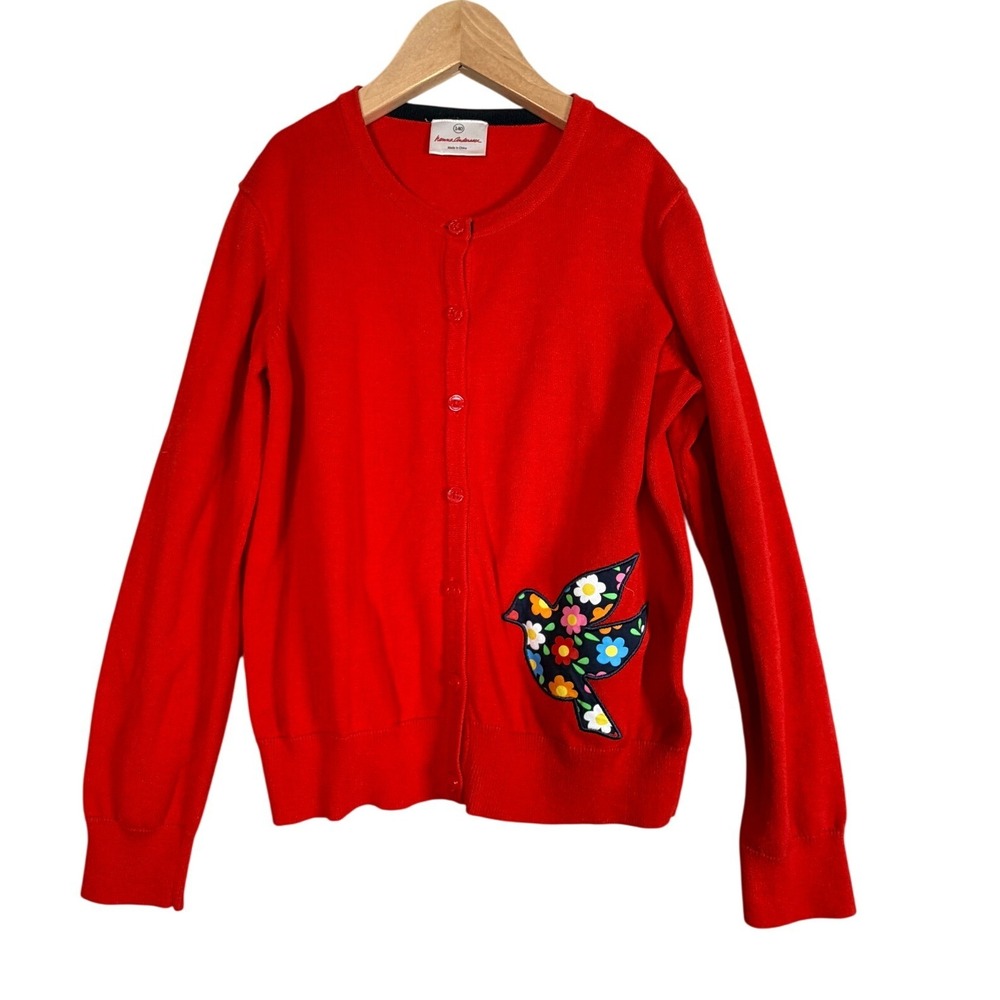 Hanna Andersson Art‎ Cardigan 140/US 10 Tangy Red Bird Floral Patch Cotton Soft